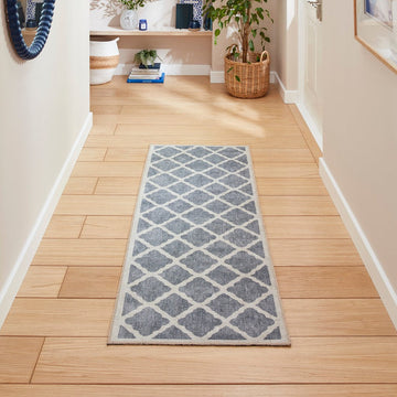 Washable Coral H1063 Modern Distressed Geometric Lattice Textured Recycled Lightweight Printed Polyester Flatweave Grey Runner-Think Rugs-Rug Love - The Most Loved Rug Store